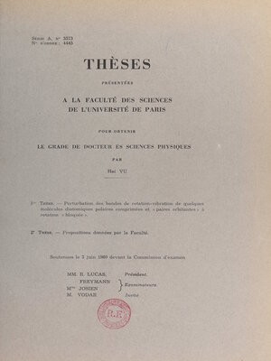cover image of Perturbation des bandes de rotation-vibration de quelques molécules diatomiques polaires comprimées et "paires orbitantes" à rotation "bloquée"